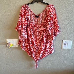 Lane Bryant 22/24 off the shoulder red floral flare sleeve tie front blouse
